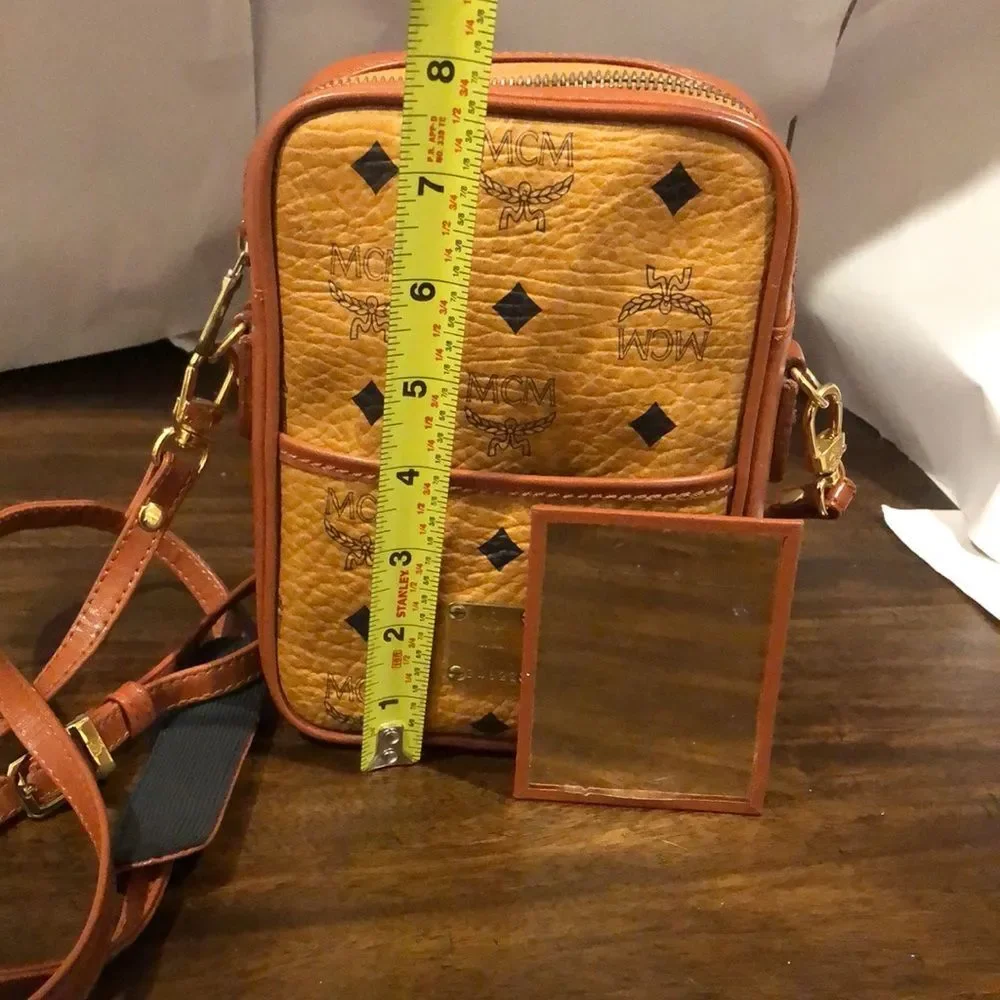 MCM Visetos Cognac Monogram Camera Messenger Bag Leather Lined Mirror EUC RARE